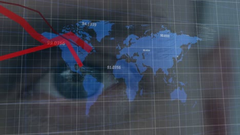 Animation-of-red-lines-recording-over-world-map-and-man's-eye-in-background
