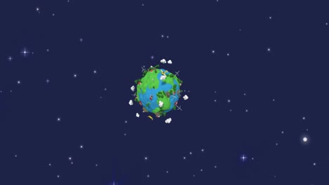 Animation-Des-Universums-Mit-Windturbinen-über-Dem-Planeten-Erde-Und-Sternen-Am-Blauen-Himmel