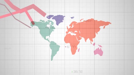 Animation-of-red-lines-processing-over-world-map-over-grid-on-white-background