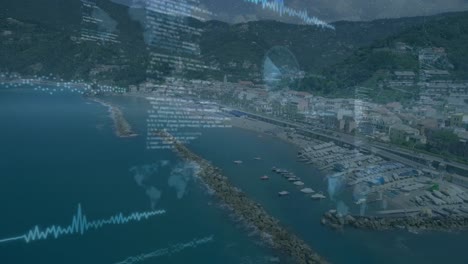 Animation-of-data-processing-over-aerial-view-of-coastal-city