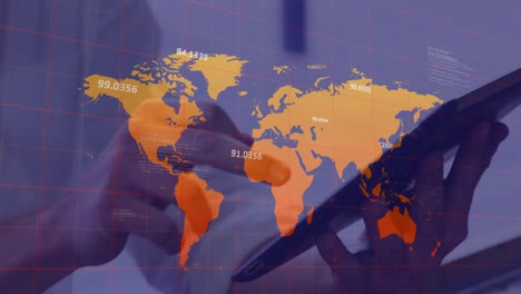 Multiple-numbers-floating-over-world-map-against-mid-section-of-person-using-digital-tablet