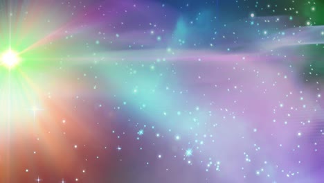 Animation-Leuchtender-Grüner-Flecken-Und-Sterne-Auf-Blauen-Und-Violetten-Lichtversuchen-Im-Universum