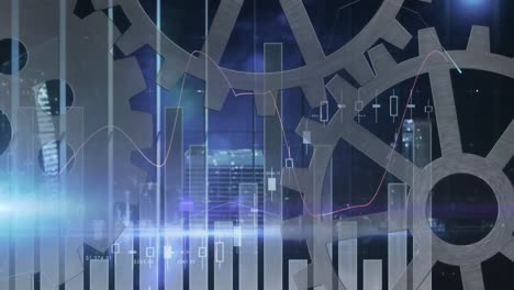 Animation-of-financial-data-processing-over-metal-cogs-spinning-and-cityscape