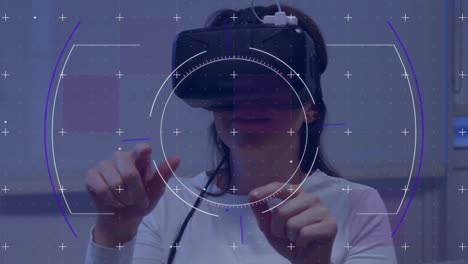 Scope-scanning-over-grid-network-against-caucasian-woman-wearing-vr-headset