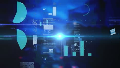 Digitale-Schnittstelle-Mit-Datenverarbeitung-Vor-Hellem-Lichtfleck-Auf-Blauem-Hintergrund