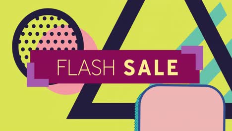 Animation-of-flash-sale-text-on-red-banner-and-retro-multi-coloured-shapes-on-yellow-background