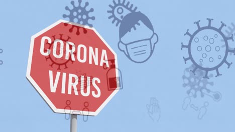 Animation-of-coronavirus-text-on-stop-road-sign-over-covid-19-icons-on-blue-background