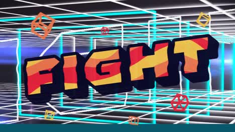 Animation-of-fight-text-in-red,-orange-and-yellow-over-blue-and-white-tunnel-grid-background