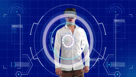 Data-processing-and-scope-scanner-over-man-wearing-vr-headset-against-blue-background