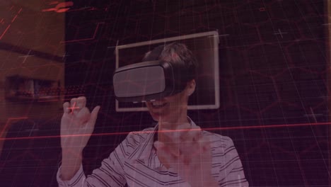 Animation-of-purple-light-trails-with-hexagons-over-woman-wearing-vr-headset-and-moving-her-hands