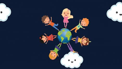 Animation-of-smiling-white-clouds-over-happy-children-standing-on-globe-on-blue-background