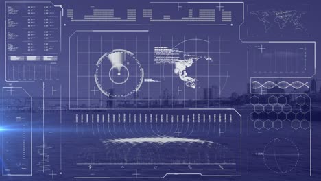 Digitale-Schnittstelle-Mit-Datenverarbeitung-über-Stadtbild-Vor-Blauem-Hintergrund