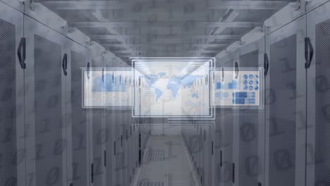 Animation-of-data-processing-on-digital-screens-over-tech-room-with-computer-servers