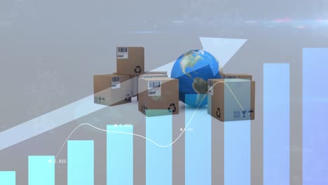 Animation-of-arrow-with-statistics-over-globe-and-cardboard-boxes-in-background