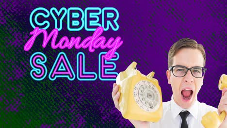 Animation-of-cyber-monday-sale-text-with-man-shouting-holding-vintage-phone-on-purple-background