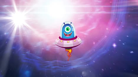 Animation-Eines-Außerirdischen-Raumschiffs-Auf-Leuchtenden-Weißen-Sternen-Auf-Rosa-Und-Violetten-Lichtspuren-Im-Universum