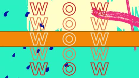 Animation-Von-Wow-Text-In-Wiederholung-Auf-Orangefarbenem-Banner-über-Abstrakten-Formen-Auf-Gelbem-Hintergrund