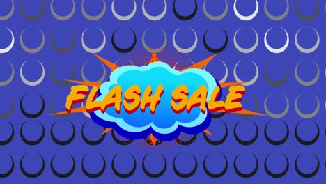 Animation-of-flash-sale-text-on-retro-speech-bubble,-rows-of-circles-on-blue-background
