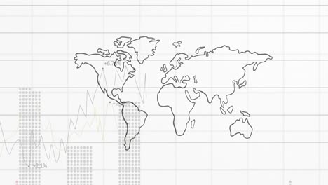 Animación-Del-Procesamiento-De-Datos-Financieros-Sobre-El-Mapa-Mundial-En-Cuadrícula-Sobre-Fondo-Blanco