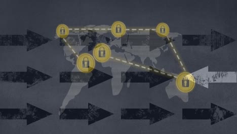 Animation-of-network-of-connections-with-online-security-padlocks-and-arrows-over-world-map