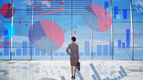 Statistical-data-processing-over-businesswoman-against-blue-sky-in-background