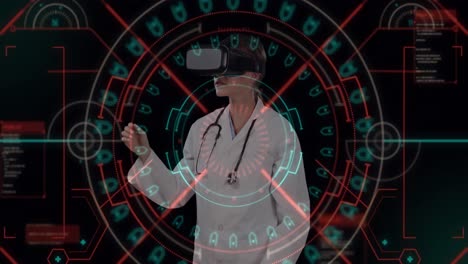 Scope-scanning-over-digital-interface-against-caucasian-female-doctor-wearing-vr-headset