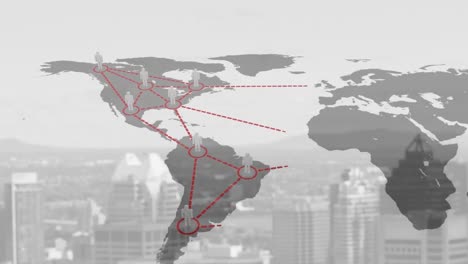 Mehrere-Menschliche-Markierungen-über-Der-Weltkarte-Vor-Dem-Stadtbild-Im-Hintergrund