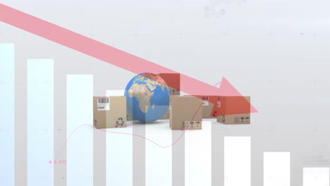 Animation-of-red-arrow-pointing-down,-globe-and-cardboard-boxes-on-white-background