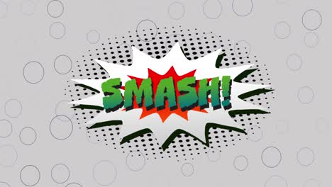 Animation-of-smash-text-on-retro-speech-bubble-over-black-spots-on-grey-background