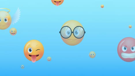 Animation-Mehrerer-Emoji-Symbole,-Die-Auf-Blauem-Hintergrund-Hochfliegen