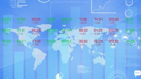 Animation-Der-Datenverarbeitung-Und-Statistikaufzeichnung-über-Einer-Weltkarte-Auf-Blauem-Hintergrund
