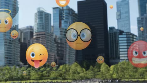Animation-of-emoji-icons-flying-up-over-cityscape