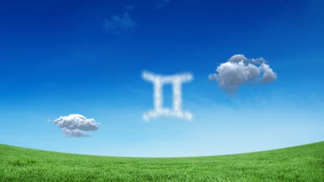 Animation-of-gemini-star-zodiac-sign-formed-with-white-clouds-on-blue-sky-over-meadow