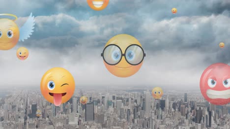 Animación-De-íconos-Emoji-Volando-Sobre-El-Paisaje-Urbano