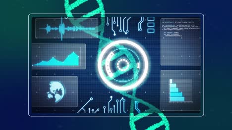 Animation-Des-DNA-Strangspinnens,-Des-Scope-Scannens-Und-Der-Wissenschaftlichen-Datenverarbeitung-Auf-Bildschirmen
