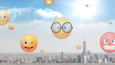 Animation-of-emoji-icons-flying-up-over-cityscape-with-sunshine