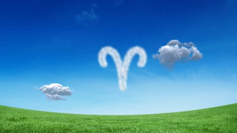 Animation-of-aries-star-zodiac-sign-formed-with-white-clouds-on-blue-sky-over-meadow