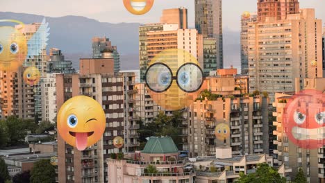 Animation-of-emoji-icons-flying-up-over-cityscape