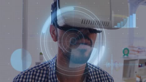 Animation-of-scope-scanning-and-and-data-processing-on-screen-over-man-wearing-vr-headset