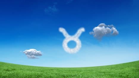 Animation-of-taurus-star-zodiac-sign-formed-with-white-clouds-on-blue-sky-over-meadow