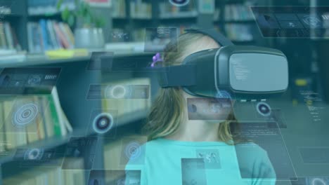 Animation-of-scopes-scanning-on-screens-over-schoolgirl-wearing-vr-headset