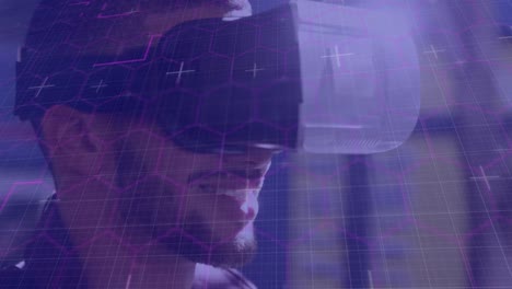 Animation-of-purple-light-trails-with-hexagons-over-smiling-man-wearing-vr-headset