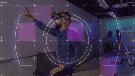 Light-trails-over-scope-scanning-against-african-american-man-wearing-vr-headset-at-office