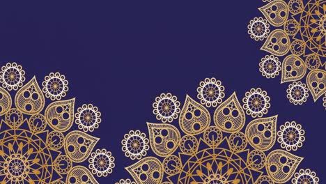Animation-of-three-spinning-gold-oriental-decorative-circles-on-dark-purple-background