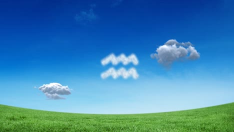 Animation-of-aquarius-star-zodiac-sign-formed-with-white-clouds-on-blue-sky-over-meadow