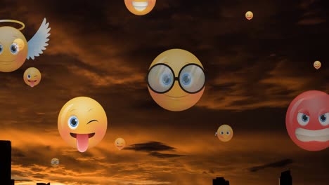 Animation-Von-Emoji-Symbolen,-Die-Bei-Sonnenuntergang-über-Das-Stadtbild-Fliegen