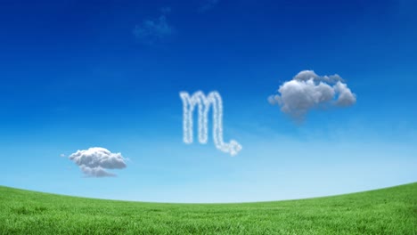 Animation-of-scorpio-star-zodiac-sign-formed-with-white-clouds-on-blue-sky-over-meadow