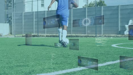 Animation-of-scopes-and-data-processing-on-screens-over-male-football-player-running-with-ball