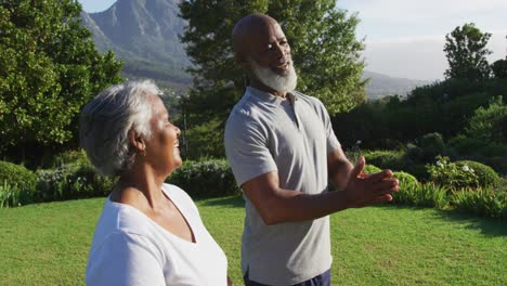 Afroamerikanisches-Seniorenpaar-Meditiert-Gemeinsam,-Während-Es-Im-Garten-Steht