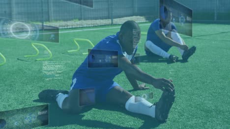 Animation-of-scopes-and-data-processing-on-screens-over-male-football-player-stretching